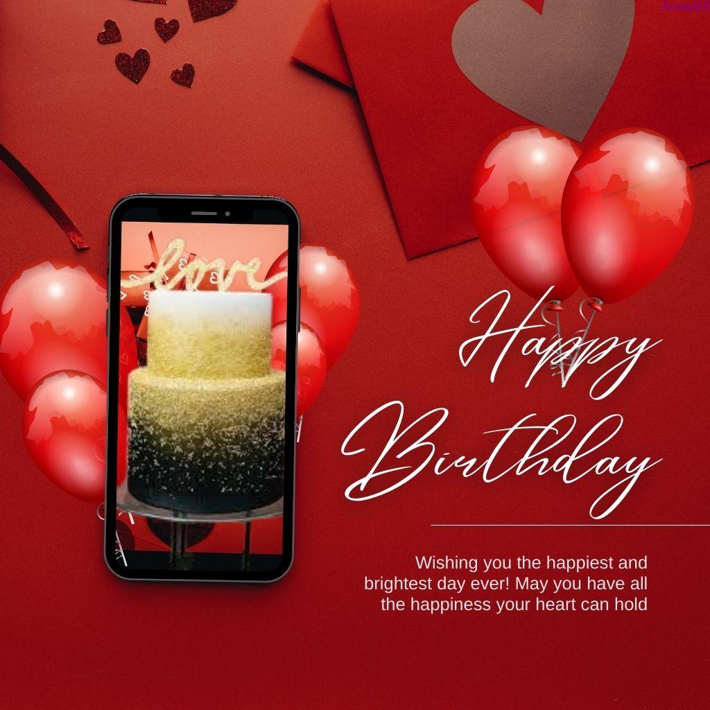 Red color background red balloons and mobile birthday wishes