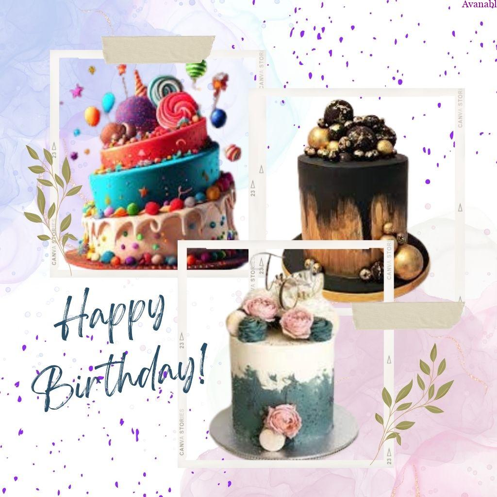 three cake design and pink and blue background birthday wishes