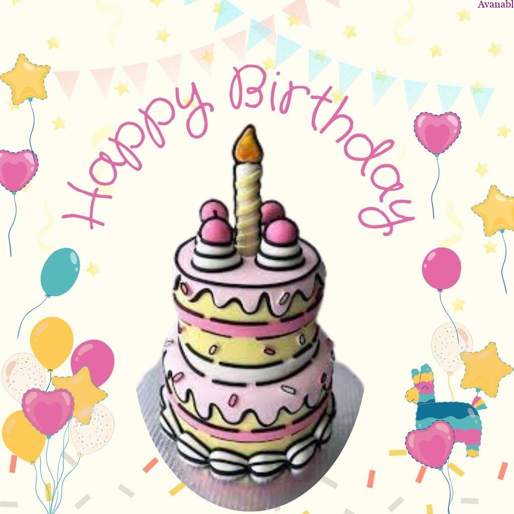 colorful birthday decoration in background  and cake birthday wishes