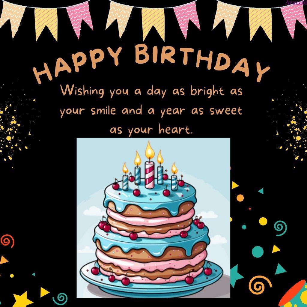 black background, colorful dots, stars and cake birthday wishes