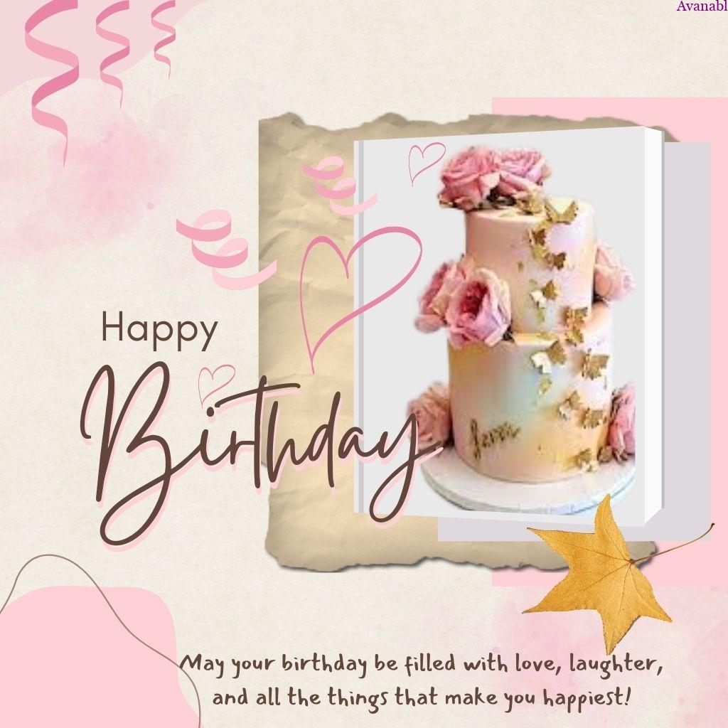 light pink background  and flower decorative cake  birthday wishes
