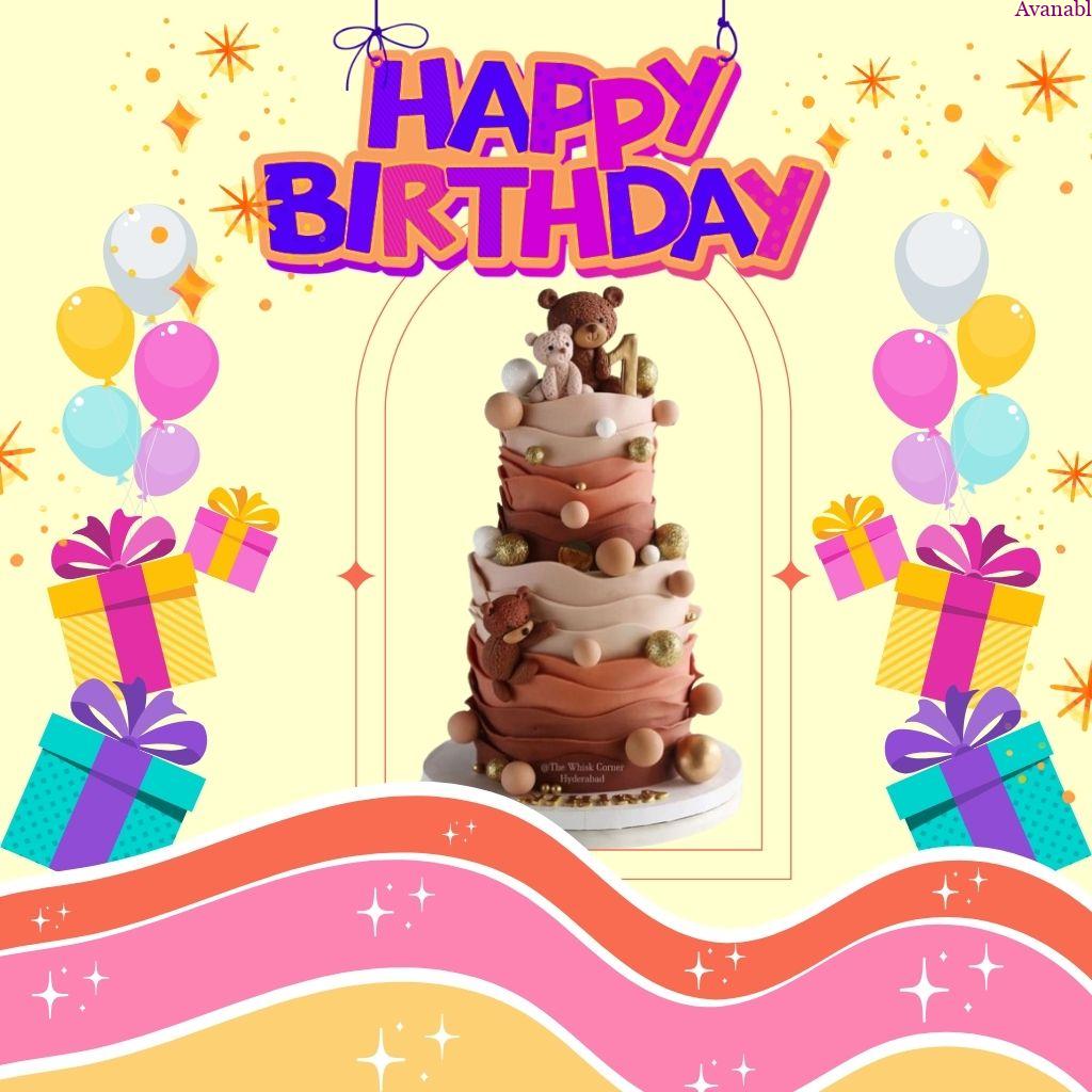 Yellow background with gift, Balloons  and brown - cream color multi layer  cake birthday wish