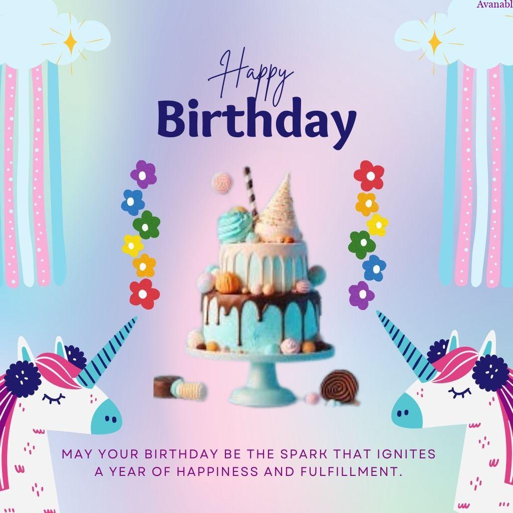 2 unicorn, 2 layer blue cake birthday wishes