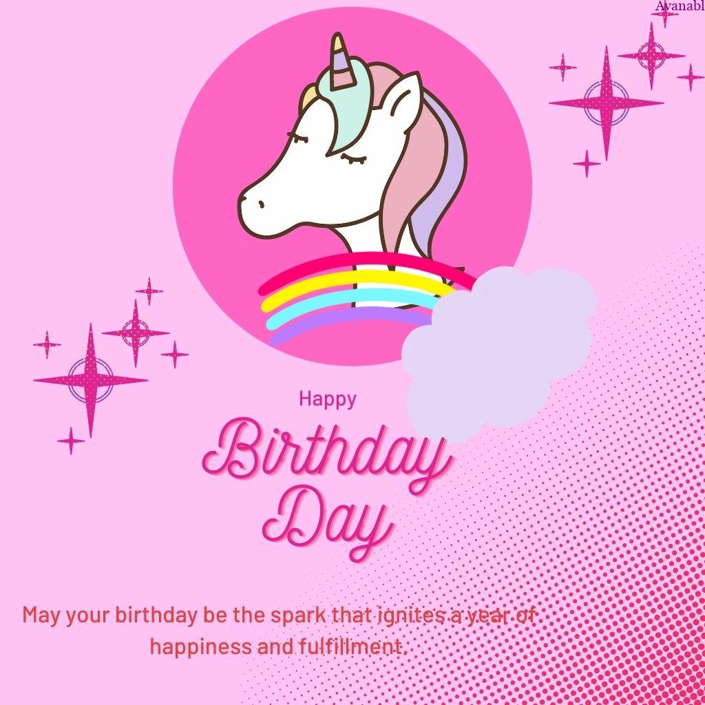 pink background with unicorn image and birthday wishes