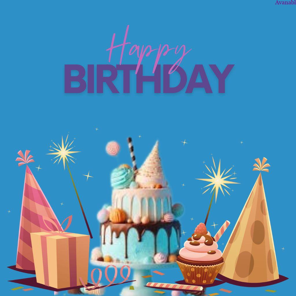 Blue background  cap and cake birthday design