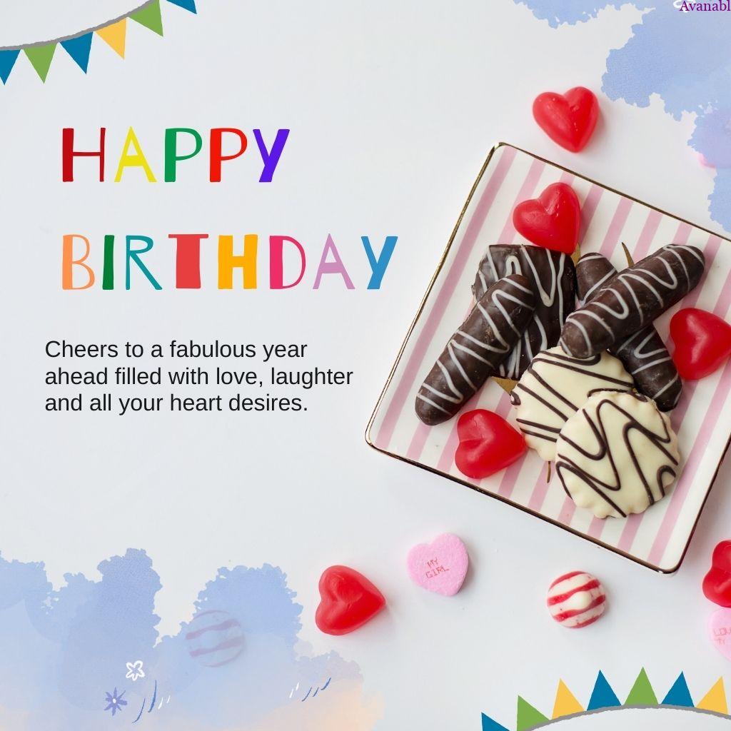 Birthday wishes  and sweet on plate 