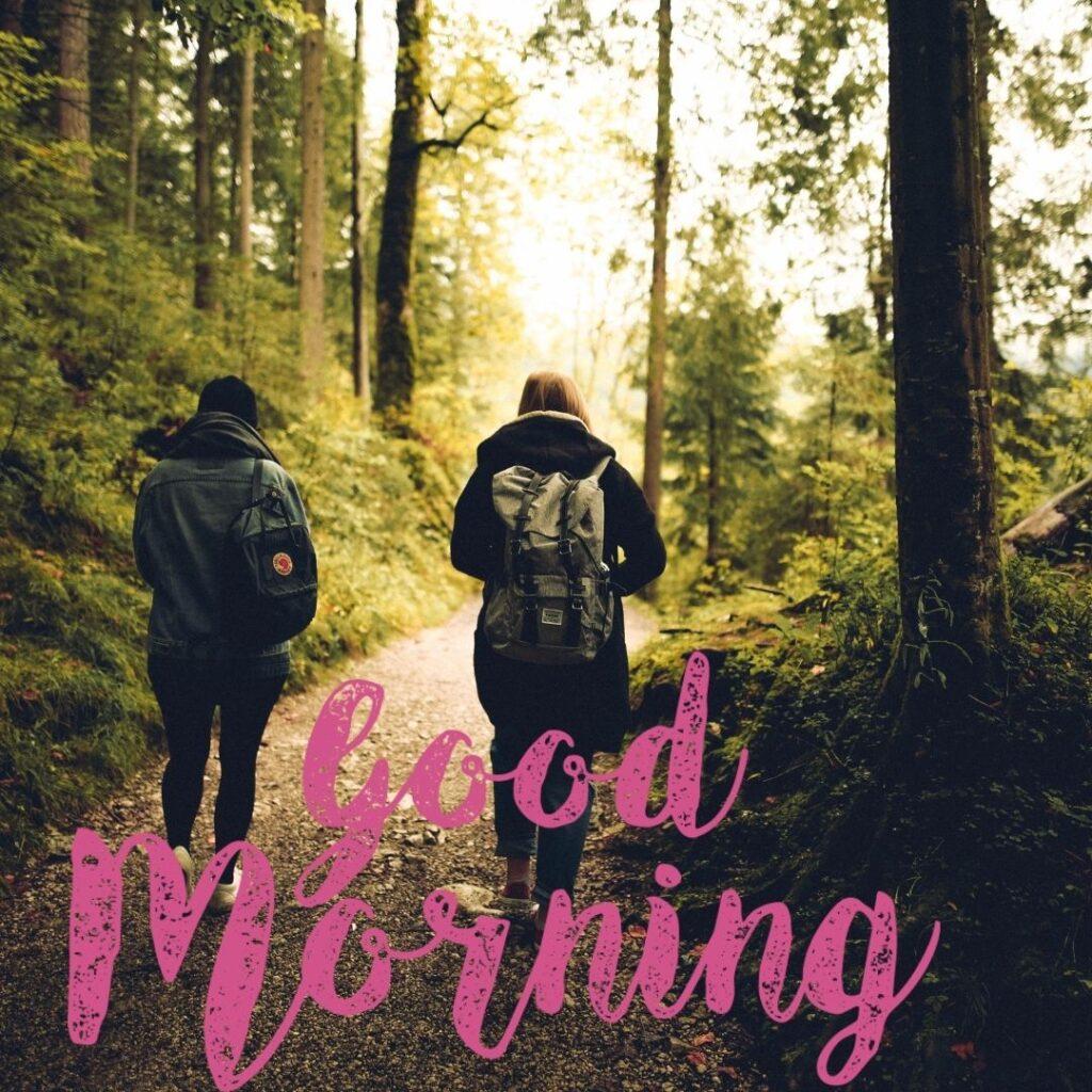 Couples are walking on a forest path in the early morning