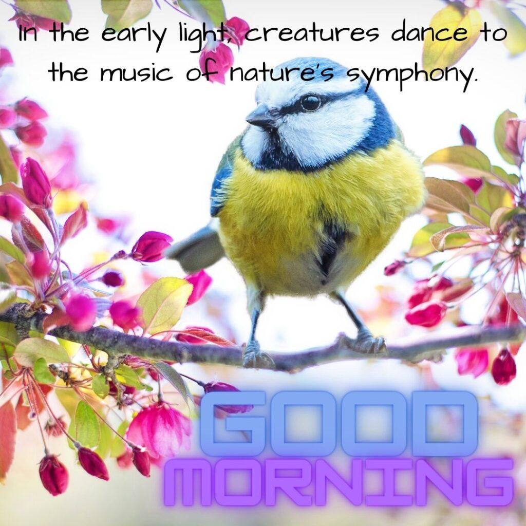 In the morning a bird is sitting on the flower branches