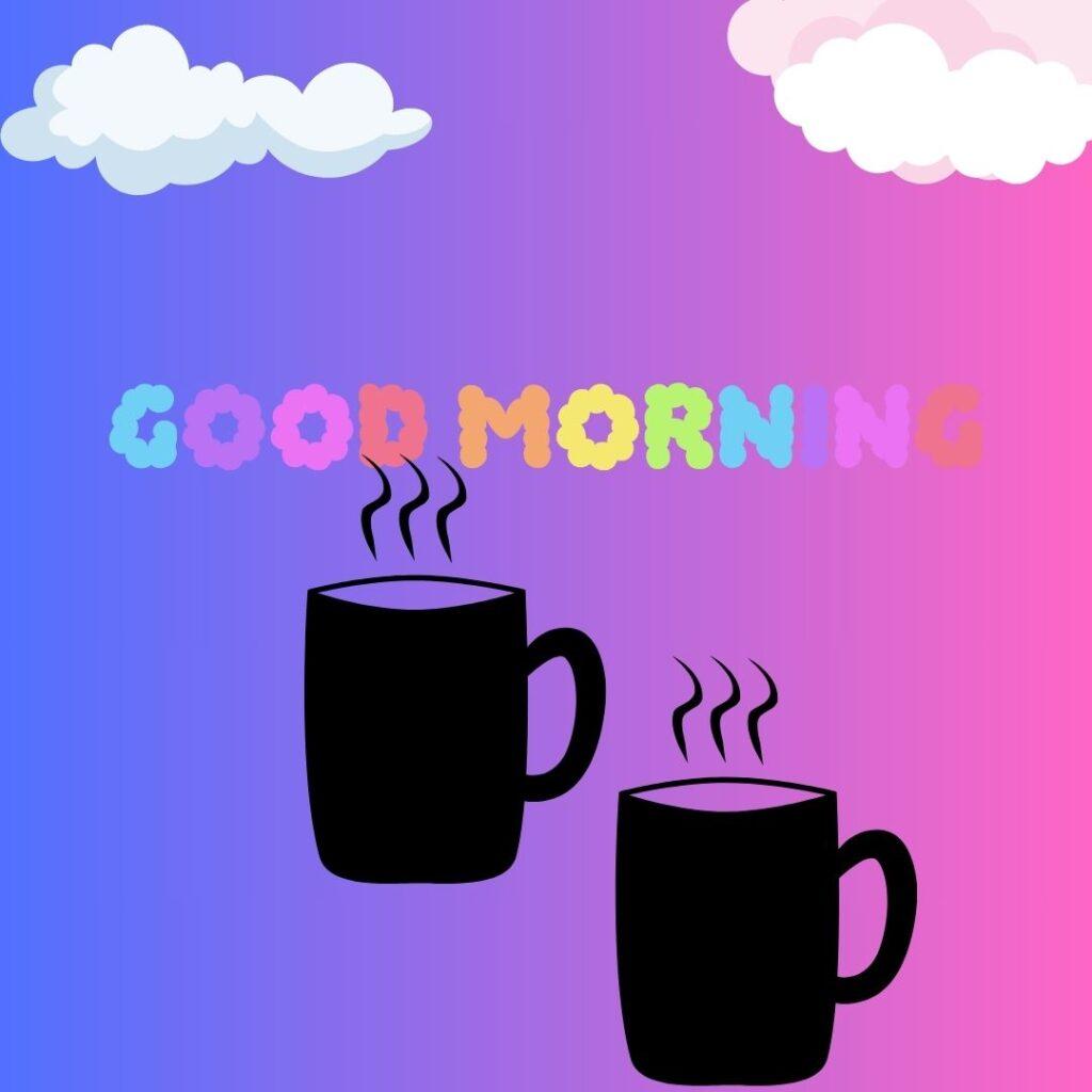 Two black coffe mugs on a pink and purple gradient background