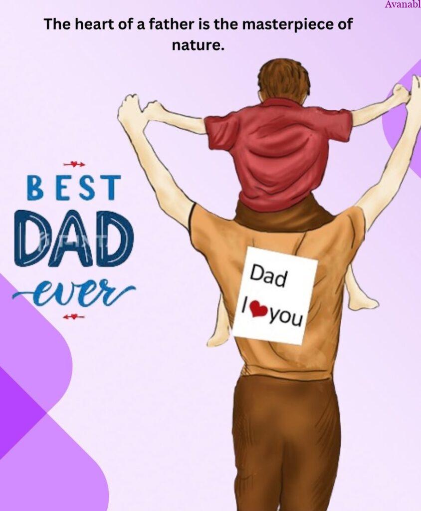 A picture of a father carrying his son on his shoulders with purple and light pink background image.